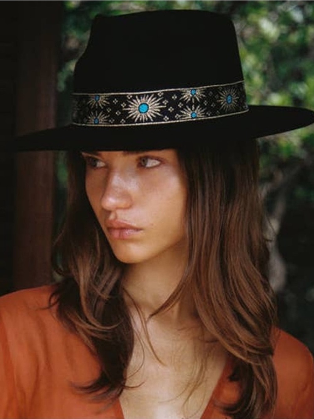 Lack Of Color Black Wide-Brim Hat with Turquoise & Gold Embroidered Band